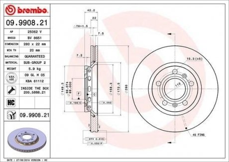 Гальмівний диск BREMBO 09.9908.21 (фото 1)