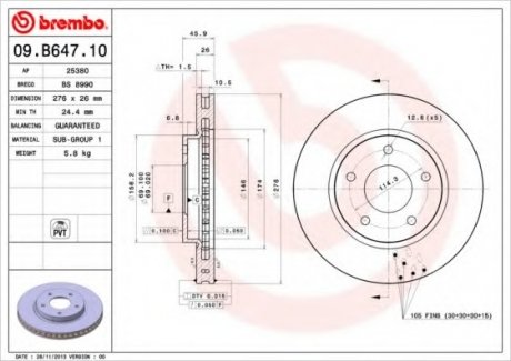 Диск гальмівний MITSUBISHI LANCER 1.5-2.0 08-, DODGE CALIBER 1.8-2.4 06- передн. (вир-во) BREMBO 09.B647.10 (фото 1)