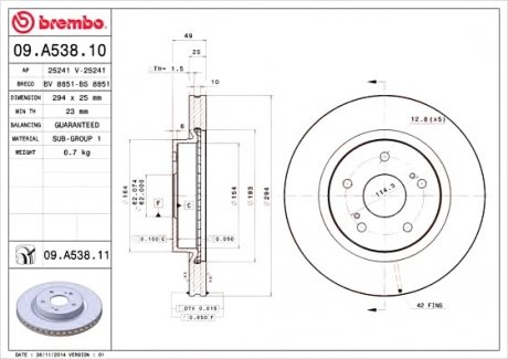 Тормозной диск BREMBO 09.A538.10 (фото 1)