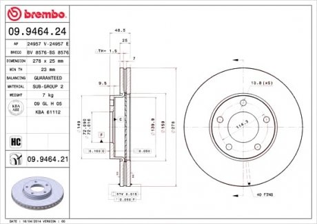 Тормозной диск BREMBO 09.9464.24 (фото 1)
