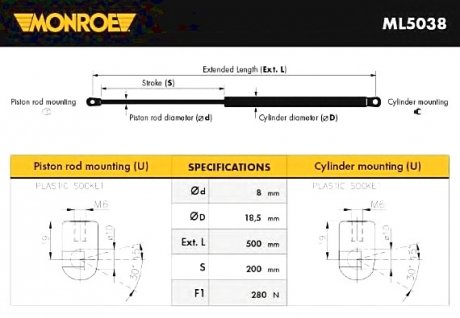 Газовая пружина, крышка багажника MONROE ML5038 (фото 1)