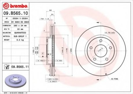 Тормозной диск вентильований BREMBO 09.B565.10 (фото 1)