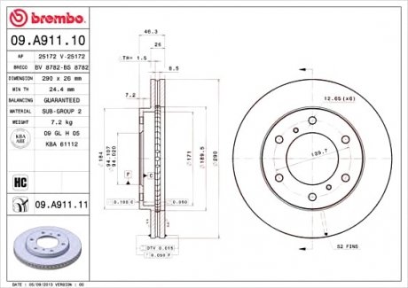 Диск гальмівний MITSUBISHI PAJERO 02 - передн. (вир-во) BREMBO 09.A911.10 (фото 1)