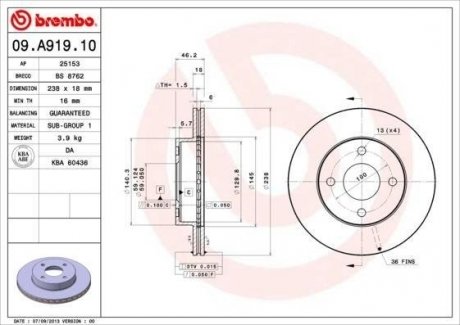 Тормозной диск BREMBO 09.A919.10 (фото 1)