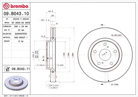 Диск гальмівний TOYOTA AURIS, COROLLA передн., вент. (вир-во) BREMBO 09.B043.10 (фото 1)