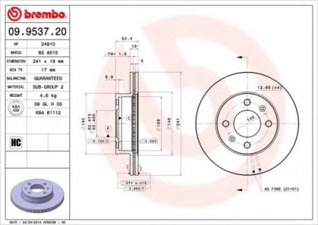 Тормозной диск BREMBO 09.9537.20 (фото 1)