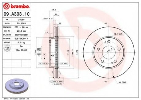 Тормозной диск BREMBO 09.A303.10 (фото 1)