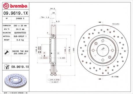 Тормозной диск BREMBO 09.9619.1X (фото 1)