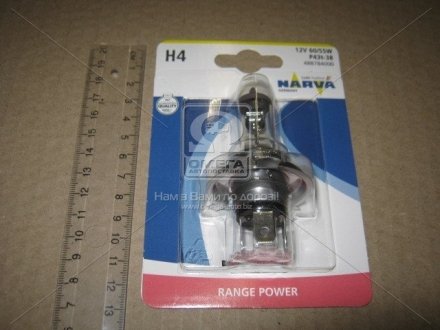 Лампа накаливания H4 12V 60, 55 W P43t RANGE POWER +30 blister NARVA 48878B1 (фото 1)