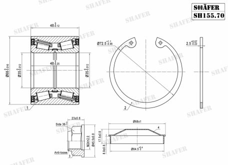 Підшипник задній Renault Trafic, Vivaro, Primastar, 03-(35x48x68), монт. ккт.+ SHAFER SH155.70K (фото 1)