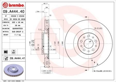 Диск гальмівний OPEL COMBO III; FIAT DOBLO III 2010 - передн. (вир-во) BREMBO 09.A444.41 (фото 1)