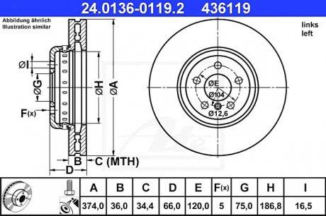 Тормозной диск левый ATE 24.0136-0119.2 (фото 1)