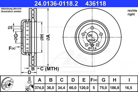 Тормозной диск правый ATE 24.0136-0118.2 (фото 1)