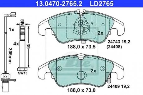 Комплект тормозных колодок, дисковый тормоз ceramic ATE 13.0470-2765.2 (фото 1)