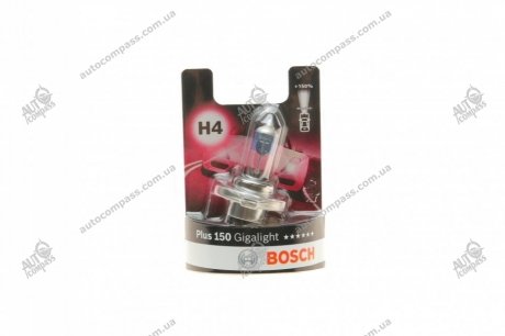 Лампа розжарювання H4 12V 60/55W P43t GigaLight +150 (blister 1шт) (вир-во) Bosch 1 987 301 136