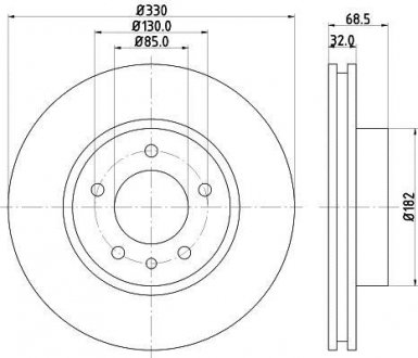 Тормозной диск перед. Touareg, Cayenne 330mm 3.0-4.2 02- (PRO) Левый HELLA PAGID 8DD355109-721 (фото 1)