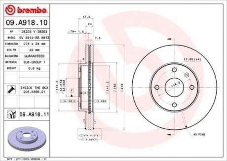 Тормозной диск BREMBO 09A91811 (фото 1)