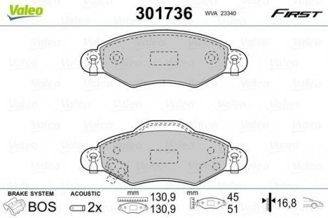 Гальмівні колодки дискові toyota yaris "1,0-1,4 "f "99-05 Valeo ="301736" (фото 1)