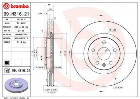Гальмівний диск BREMBO 09.N316.21 (фото 1)